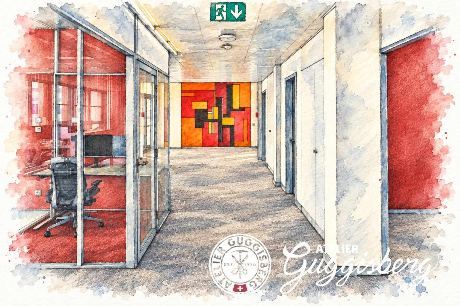 Illustration aquarelle d'un couloir du Cèdre, siège de la Vaudoise à Lausanne : salles de réunion avec tenture murale acoustique rouge